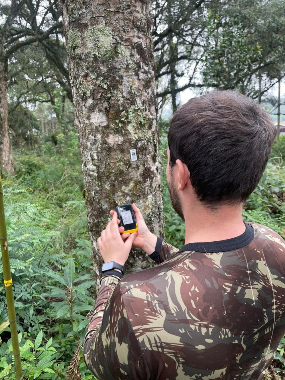 Rhuan Krüger, engenheiro florestal da Mata Sul, coletando dado de campo com GPS de precisão em meio à floresta